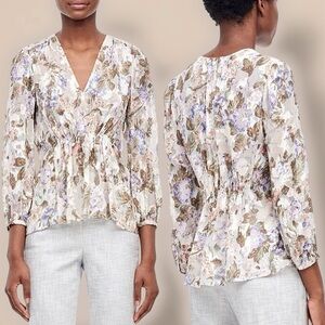 Rebecca Taylor ‘Penelope’ Purple Floral Print Top with Gathered Waist Size 4